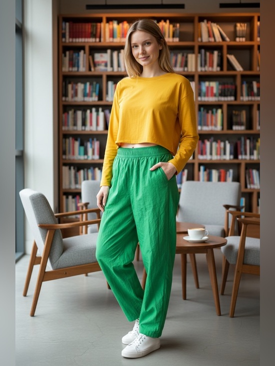 Double Zero Pants - Double Zero Oversized Bright Green Elastic-Waist Pants